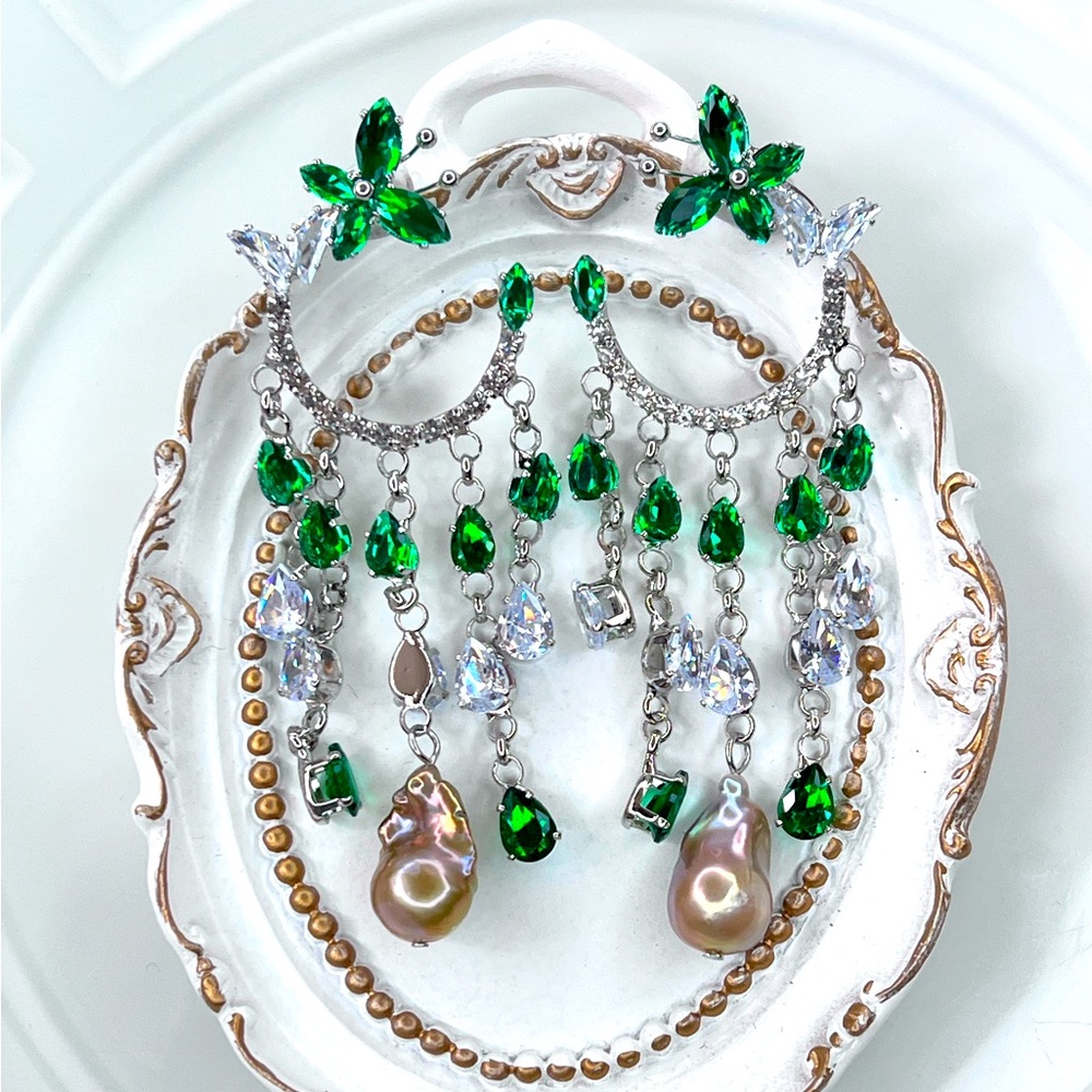 Custom Handmade Freshwater Premium Green Golden Flameball Pearl Crystal Earrings